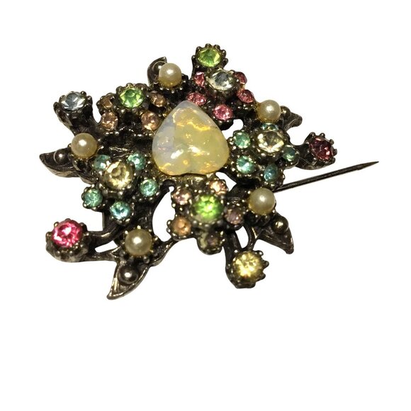 VTG Opaline Heart Brooch Lucite OR Glass Pastel Rhinestone Faux Pearl 1950s MCM - Picture 3 of 6